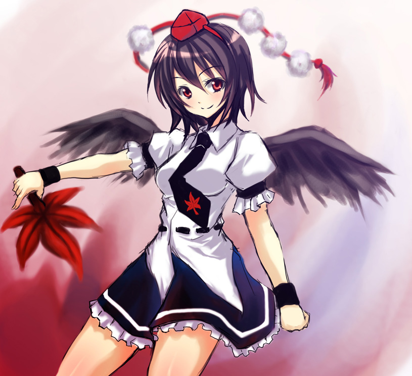 tsujigiri, shameimaru aya, touhou, 1girl, belt, black hair, black necktie, black skirt, contrapposto, female focus, hand fan, hat, looking at viewer, necktie, pom pom (clothes), puffy short sleeves, puffy sleeves, red eyes, shirt, short hair, short sleeves, skirt, smile, solo, standing, tassel, tokin hat, white shirt, wrist cuffs