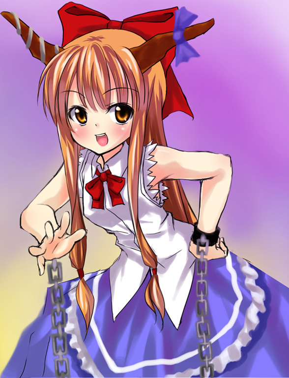 tsujigiri, ibuki suika, touhou, 1girl, bow, chain, female focus, hair bow, hand on own hip, hip focus, horn ornament, horn ribbon, horns, large bow, leaning forward, open mouth, orange eyes, orange hair, ribbon, shirt, sidelocks, skirt, sleeveless, sleeveless shirt, smile, solo