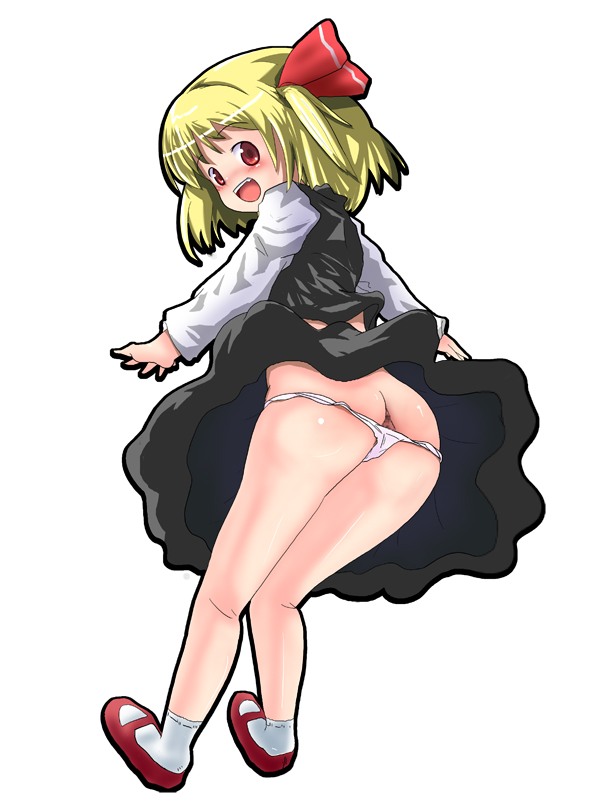 rumia, embodiment of scarlet devil, touhou, artist request, 1girl, anus, ass, blonde hair, butt crack, female focus, full body, hair ribbon, looking back, panties, red eyes, ribbon, short hair, solo, standing, underwear, white panties