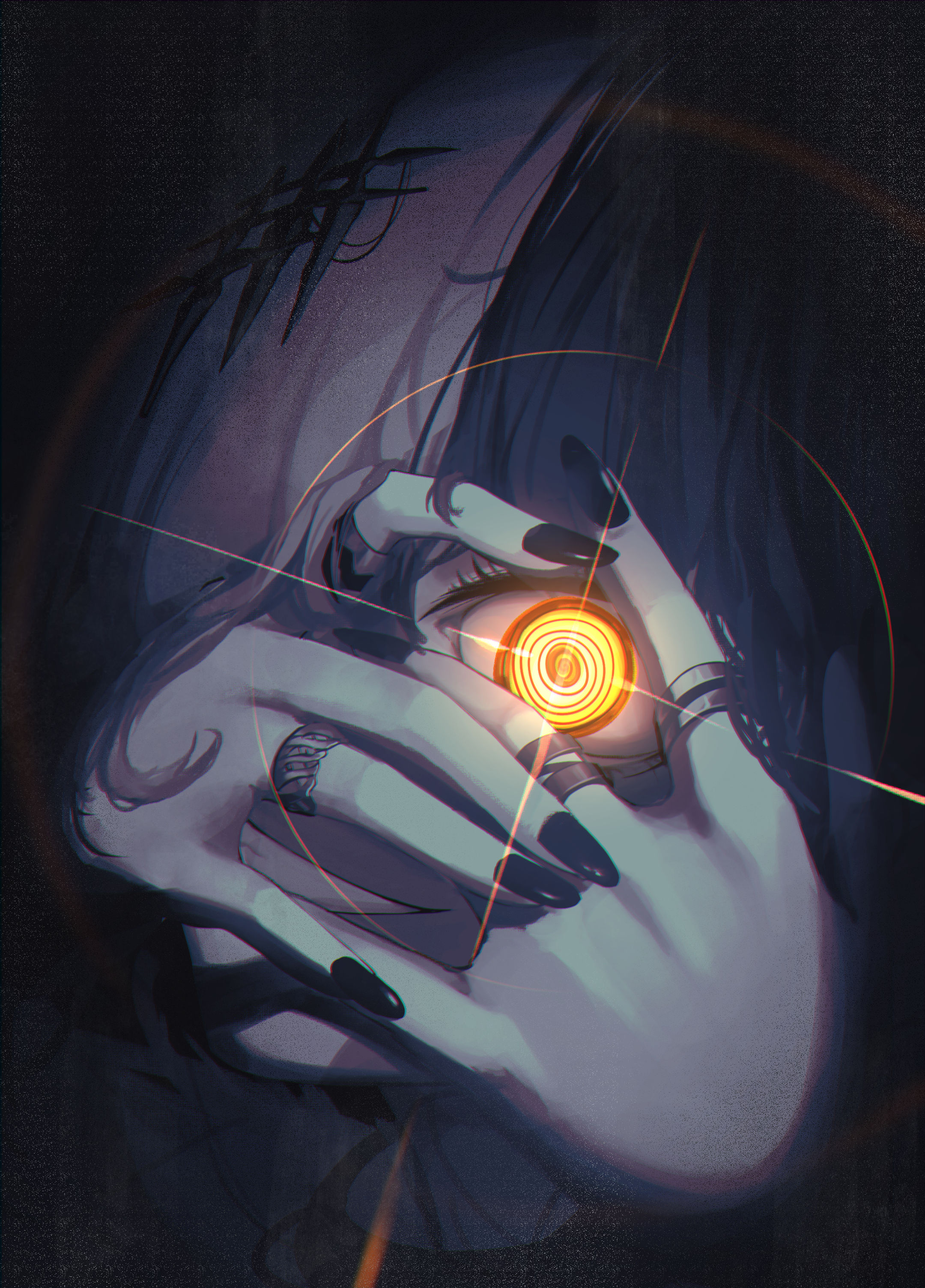 pitespear, shiori novella, shiori novella (1st costume), hololive, hololive english, absurdres, highres, 1girl, black arm warmers, black choker, black dress, black hair, black nails, breasts, choker, coat, dress, glowing, glowing eye, grey hair, hair ornament, lace, lace-trimmed choker, lace choker, lace trim, long hair, looking at viewer, multicolored hair, solo, split-color hair, striped arm warmers, two-tone hair, virtual youtuber, yellow eyes