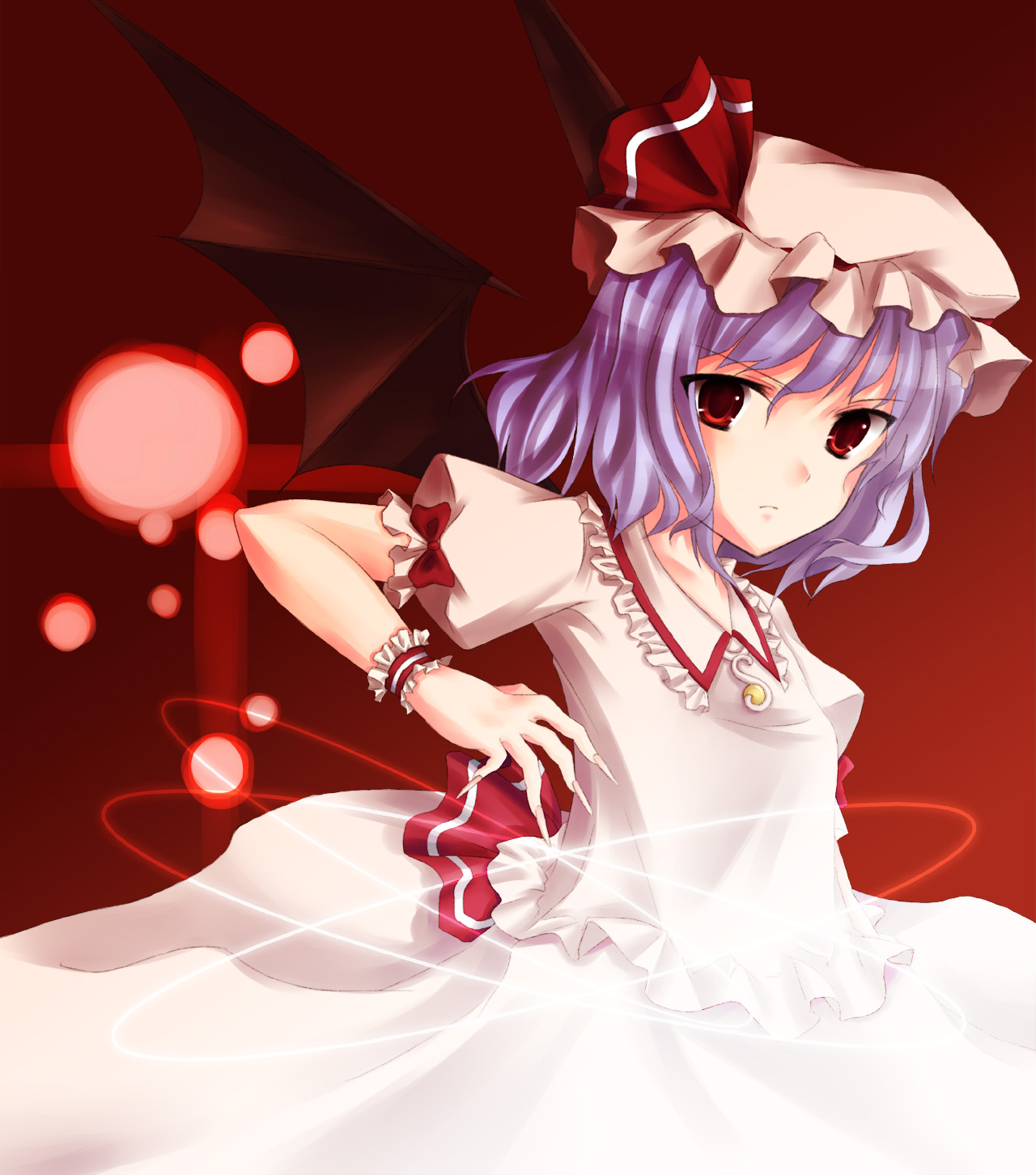 lasa, lasa (2percent), remilia scarlet, touhou, bad id, bad pixiv id, highres, 1girl, blue hair, female focus, hat, ribbon, short hair, solo, wings