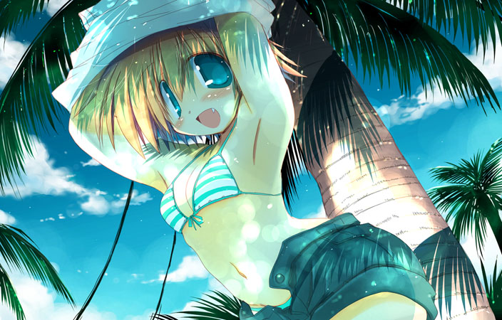 sakaki (noi-gren), original, 1girl, beach, bikini, blonde hair, blue eyes, blush, bra, cloud, day, fang, female focus, lingerie, open fly, outdoors, panties, shorts, sky, solo, striped bikini, striped bra, striped clothes, swimsuit, underwear, undressing, unzipped