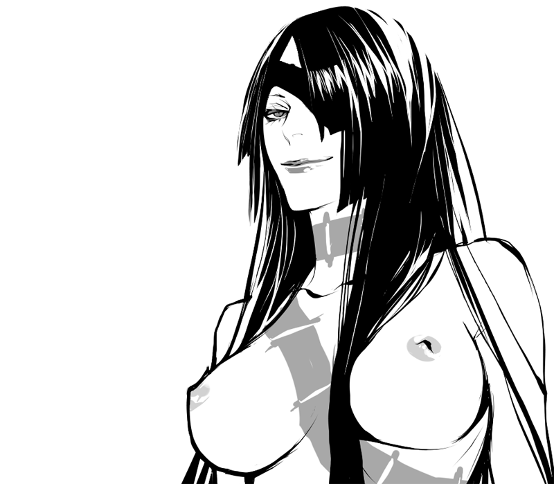 npn, adiane, tengen toppa gurren lagann, 00s, 1girl, breasts, eyepatch, female focus, greyscale, large breasts, lipstick, long hair, makeup, monochrome, nipples, nude, solo, tattoo