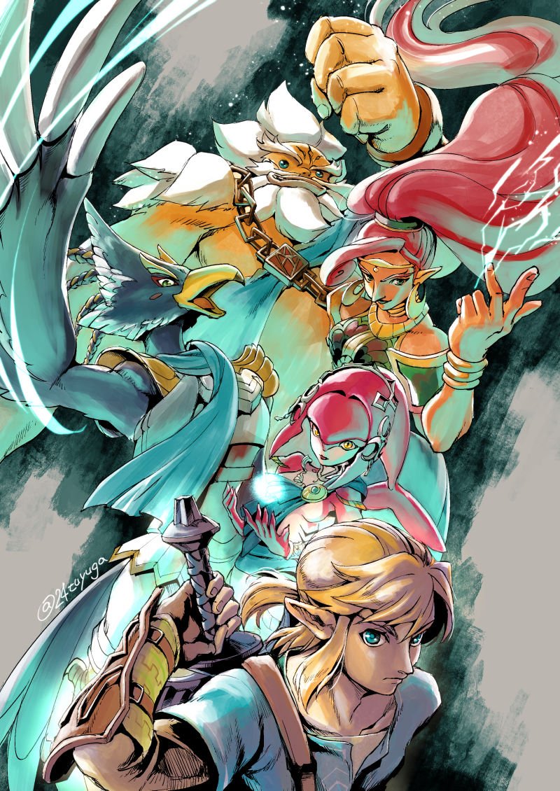tsuyuga, daruk, link, mipha, revali, urbosa, nintendo, the legend of zelda, the legend of zelda: breath of the wild, 2girls, 3boys, aqua eyes, aqua tunic, bangle, bare shoulders, beak, beard, bird boy, blonde hair, blue feathers, blue lips, blue scarf, bracelet, breasts, circlet, clenched hand, colored skin, crescent, crescent earrings, earrings, facial hair, facial mark, feathers, fins, fish girl, gerudo, gills, goron, hair between eyes, head fins, holding, holding sword, holding weapon, jewelry, medium breasts, monster boy, monster girl, multicolored skin, multiple boys, multiple girls, mustache, parted bangs, pointy ears, ponytail, red hair, red skin, rito, scarf, sidelocks, smile, sword, sword on back, tan, tunic, twitter username, two-tone skin, upper body, vambraces, weapon, weapon on back, white hair, white skin, zora