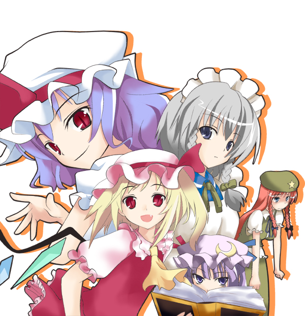 ogami kazuki, flandre scarlet, hong meiling, izayoi sakuya, patchouli knowledge, remilia scarlet, embodiment of scarlet devil, touhou, silver hair, 5girls, blonde hair, blue eyes, book, braid, crescent, crescent moon, fang, female focus, long hair, maid, maid headdress, moon, multiple girls, purple hair, red eyes, red hair, ribbon, short hair, side ponytail, smile, twin braids, white background, wings