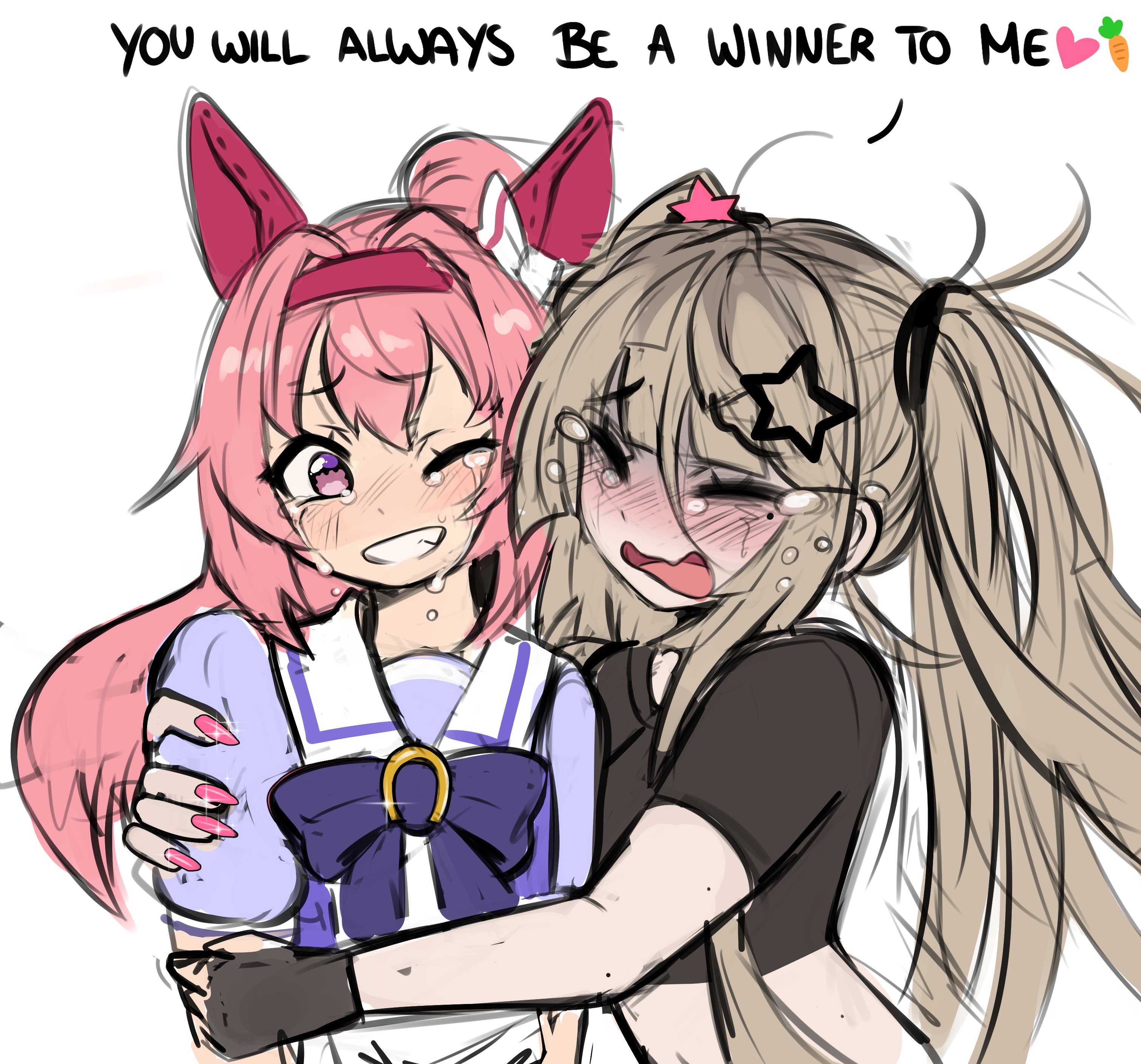 dokidomiki, haru urara (umamusume), miki (dokidomiki), original, umamusume, absurdres, commentary, english commentary, highres, 2girls, animal ears, black gloves, black shirt, blonde hair, blue bow, blue shirt, blush, bow, closed eyes, crop top, cropped shirt, crying, double-parted bangs, ear covers, english text, fingerless gloves, fingernails, gloves, hair between eyes, hair ornament, hairband, heart, horse ears, horse girl, hug, long hair, messy hair, mole, mole under eye, multiple girls, nail polish, one eye closed, open mouth, pink eyes, pink hair, pink nails, raised inner eyebrows, red hairband, sailor collar, school uniform, shirt, short sleeves, simple background, sketch, star (symbol), star hair ornament, tracen school uniform, upper body, white background, white sailor collar