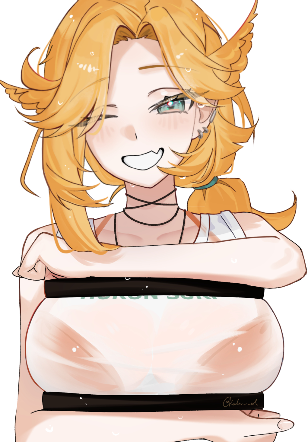 kalm ol, dokibird, indie virtual youtuber, highres, 1girl, blonde hair, blush, breasts, fang, green eyes, hair ornament, looking at viewer, meme, ponytail, see-through clothes, shioreos (meme), smile, solo, virtual youtuber, white background