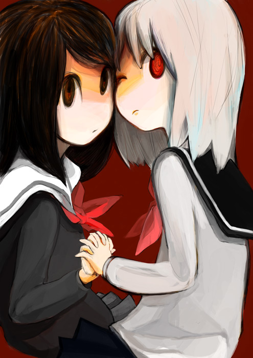 yukizen, 2girls, albino, brown eyes, brown hair, holding hands, multiple girls, red eyes, school uniform, serafuku, white hair