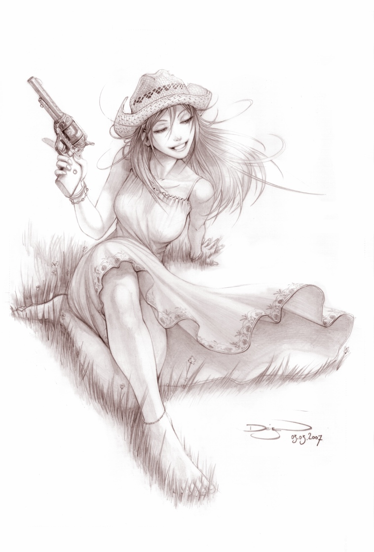 omar dogan, 1girl, barefoot, dated, dress, feet, female focus, grass, gun, handgun, hat, long dress, long hair, monochrome, pink theme, realistic, revolver, signature, sitting, smile, solo, weapon