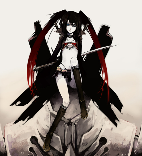 riku (artist), riku (wana), black hair, blue eyes, choker, coat, kneehighs, midriff, multicolored hair, navel, skirt, socks, solo, sword, trench coat, twintails, two-tone hair, weapon