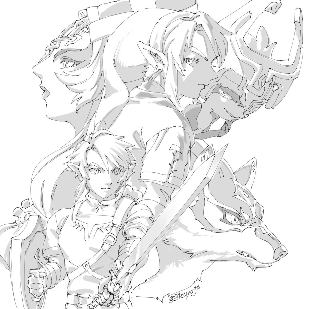 tsuyuga, link, midna, midna (true), wolf link, nintendo, the legend of zelda, the legend of zelda: twilight princess, spoilers, 2girls, dual persona, earrings, forehead jewel, greyscale, hair between eyes, hand on own chin, helmet over one eye, holding, holding shield, holding sword, holding weapon, jewelry, monochrome, multiple girls, parted bangs, parted lips, phrygian cap, pointy ears, shield, short hair, shortstack, sidelocks, sketch, smile, sword, tunic, twitter username, weapon, white background, wolf