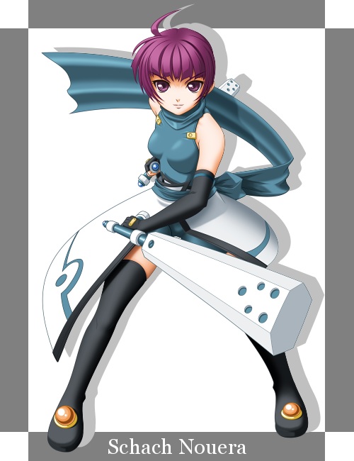 t2r, schach nouera, windenschaft, lyrical nanoha, mahou shoujo lyrical nanoha, mahou shoujo lyrical nanoha strikers, 00s, 1girl, ahoge, bare shoulders, black gloves, black thighhighs, elbow gloves, female focus, fighting stance, full body, gloves, holding, holding weapon, legs apart, looking at viewer, short hair, silhouette, solo, standing, stick, thighhighs, vest, weapon