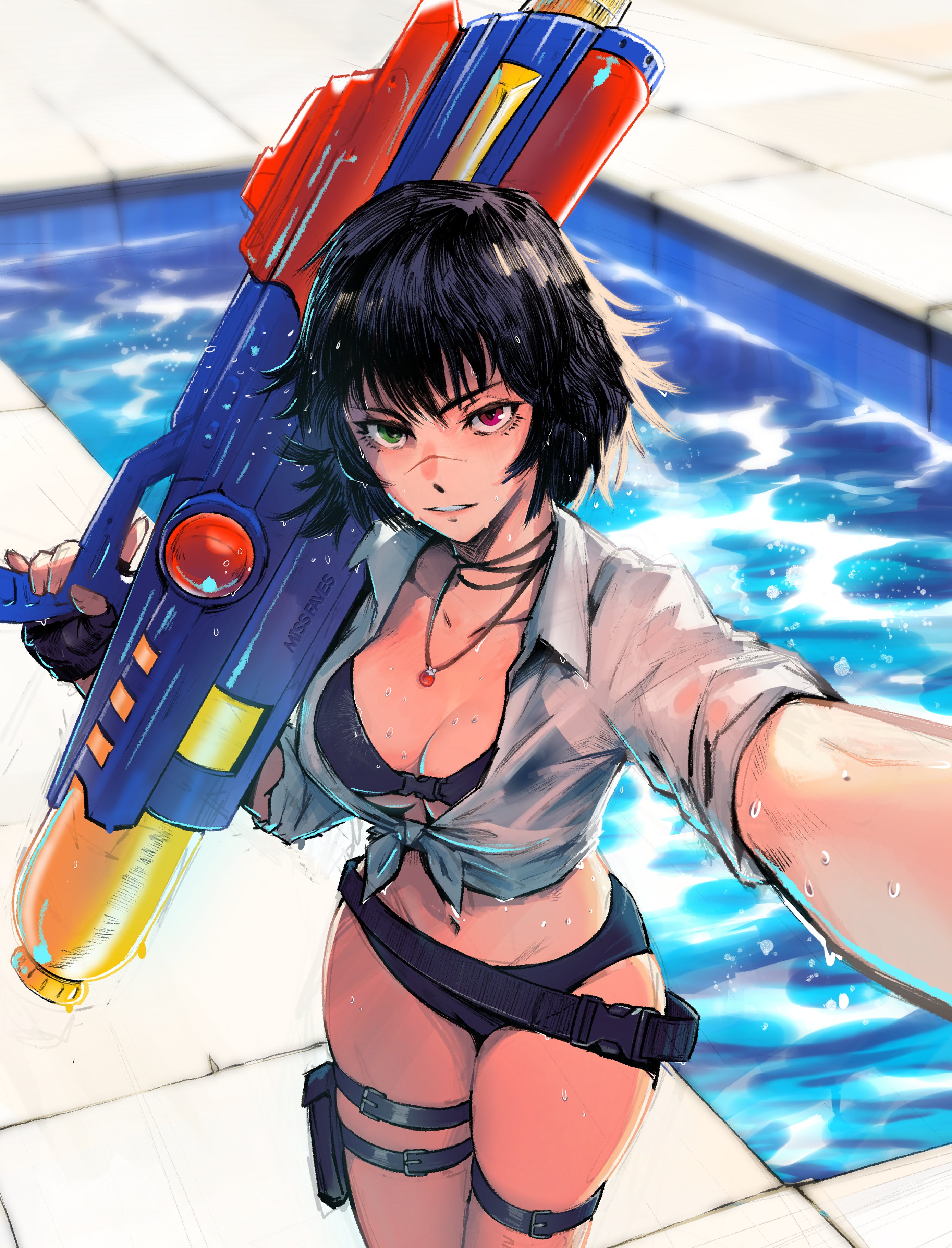 miss faves, lady (devil may cry), devil may cry (series), absurdres, alt text, commentary, english commentary, highres, 1girl, belt, bikini, black bikini, black hair, breasts, cleavage, green eyes, heterochromia, holding, holding water gun, jewelry, looking at viewer, navel, necklace, parted lips, pool, pouch, red eyes, scar, scar on face, scar on nose, selfie, shirt, short hair, solo, swimsuit, thigh belt, thigh pouch, thigh strap, tied shirt, trigger discipline, water gun, wet, white shirt