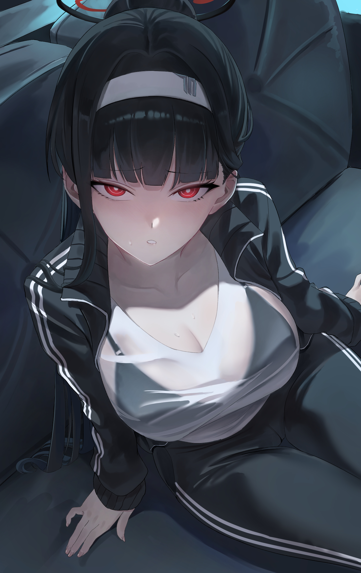 haoma, rio (blue archive), blue archive, commentary request, highres, 1girl, alternate costume, black bra, black hair, black halo, black jacket, black pants, bra, bra visible through clothes, breasts, bright pupils, cleavage, collarbone, from above, hairband, halo, jacket, large breasts, light blush, long hair, looking at viewer, open clothes, open jacket, pants, parted lips, ponytail, red eyes, ringed eyes, see-through clothes, see-through shirt, shirt, sitting, solo, teeth, track jacket, track pants, track suit, underwear, white hairband, white pupils, white shirt