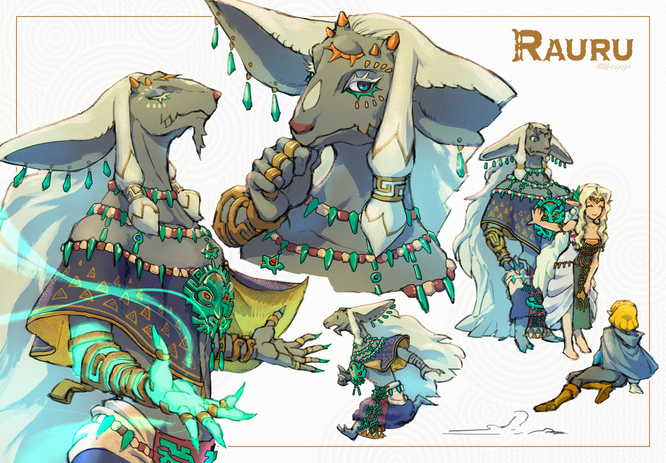 tsuyuga, princess zelda, rauru (tears of the kingdom), sonia (zelda), nintendo, the legend of zelda, the legend of zelda: tears of the kingdom, highres, 1boy, 2girls, animal earrings, animal ears, barefoot, black cloak, black pants, blonde hair, blue eyes, blue shirt, boots, brown boots, character name, circlet, cloak, closed eyes, colored eyelashes, dress, full body, glowing, glowing hand, goat boy, goat ears, goat horns, gold trim, grey fur, hair rings, hand on another's chest, horns, jewelry, long dress, multiple girls, multiple rings, multiple views, pants, parted bangs, pointy ears, ring, shirt, sidelocks, smile, strapless, strapless dress, twitter username, upper body, white background, white hair, zonai