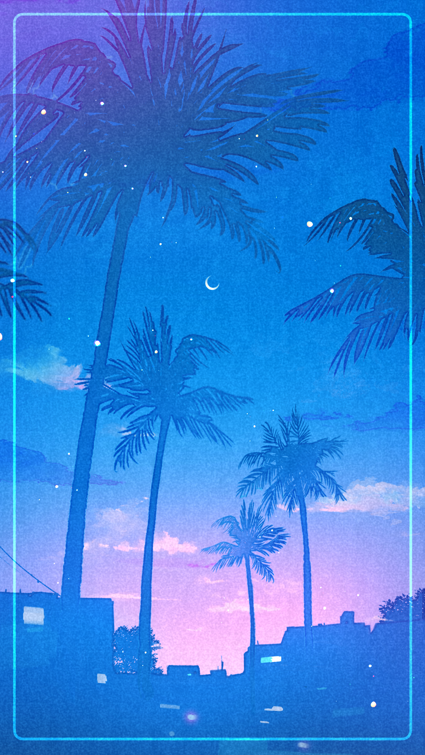 wacca005, original, absurdres, commentary, english commentary, highres, blue theme, building, cloud, crescent moon, evening, inset border, moon, no humans, outdoors, palm tree, scenery, tree