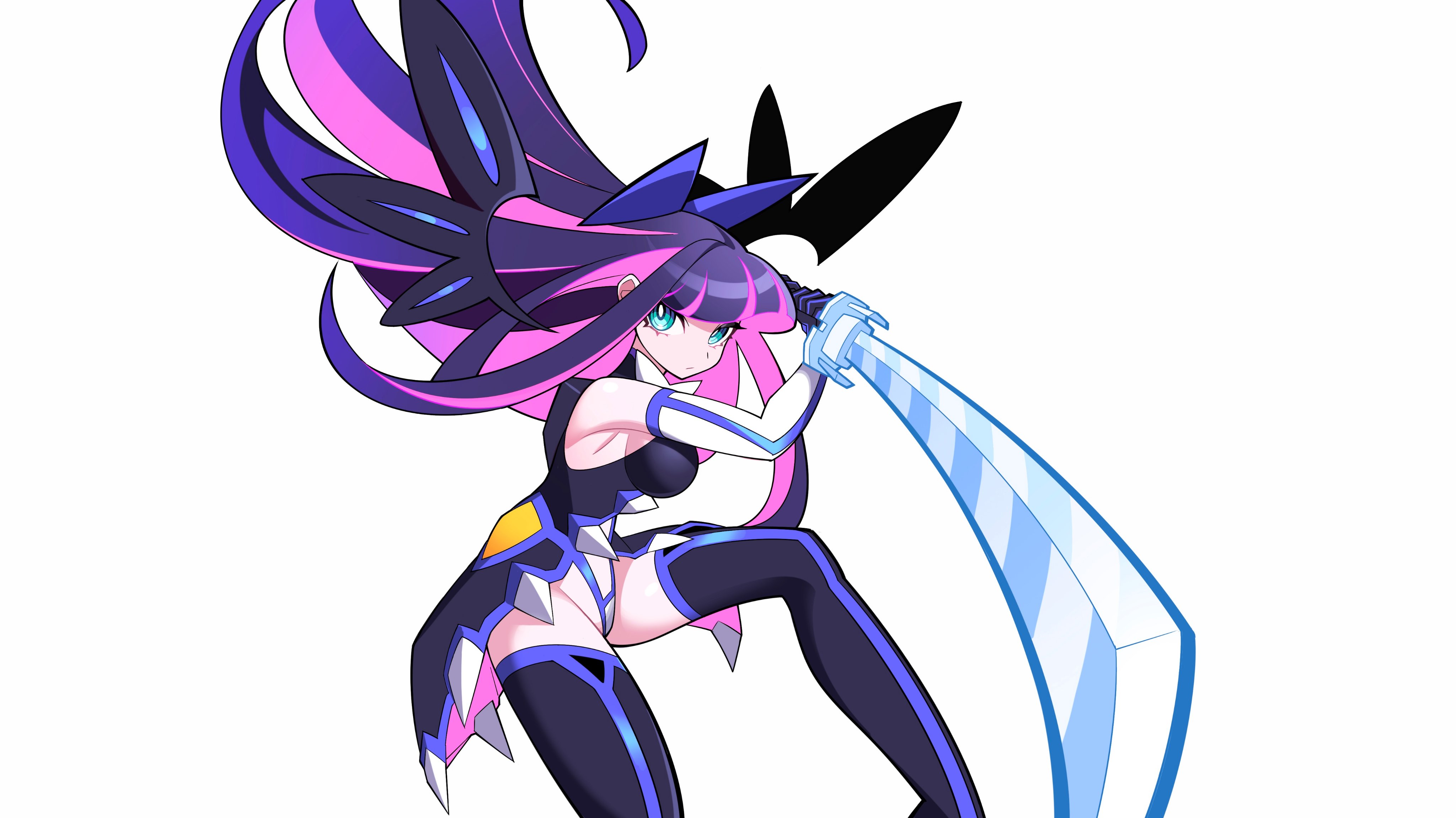 tlotro, kiryuuin satsuki, stocking (psg), kill la kill, panty & stocking with garterbelt, absurdres, highres, 1girl, aqua eyes, armpit peek, bow, breasts, company connection, cosplay, hair bow, holding, holding sword, holding weapon, katana, kiryuuin satsuki (cosplay), large breasts, long hair, looking at viewer, purple hair, serious, simple background, solo, sword, weapon, white background