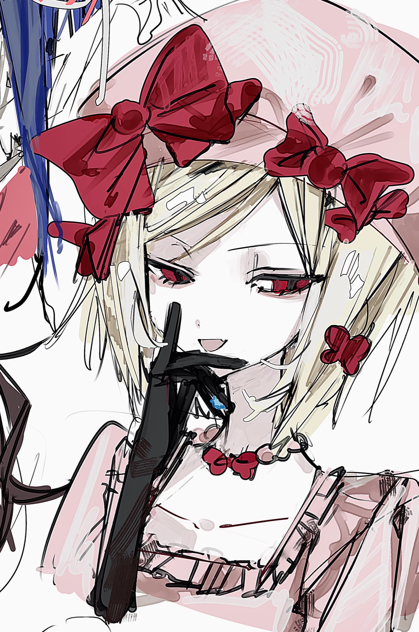 koyomiyoko o, lambdadelta, umineko no naku koro ni, highres, 1girl, black gloves, blonde hair, bow, candy hair ornament, dress, fang, food-themed hair ornament, frills, gloves, hair ornament, hat, jewelry, looking to the side, lower eyelashes only, medium hair, necklace, parted bangs, pink dress, pink hat, red bow, red eyes, solo, swept bangs, white background