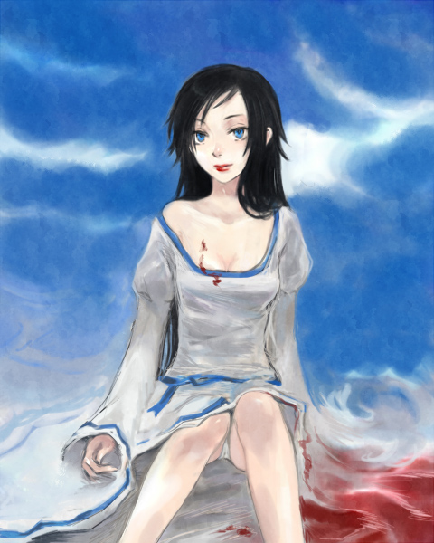 kno, diva, blood+, 00s, black hair, blood, blue eyes, dress, long hair, panties, underwear