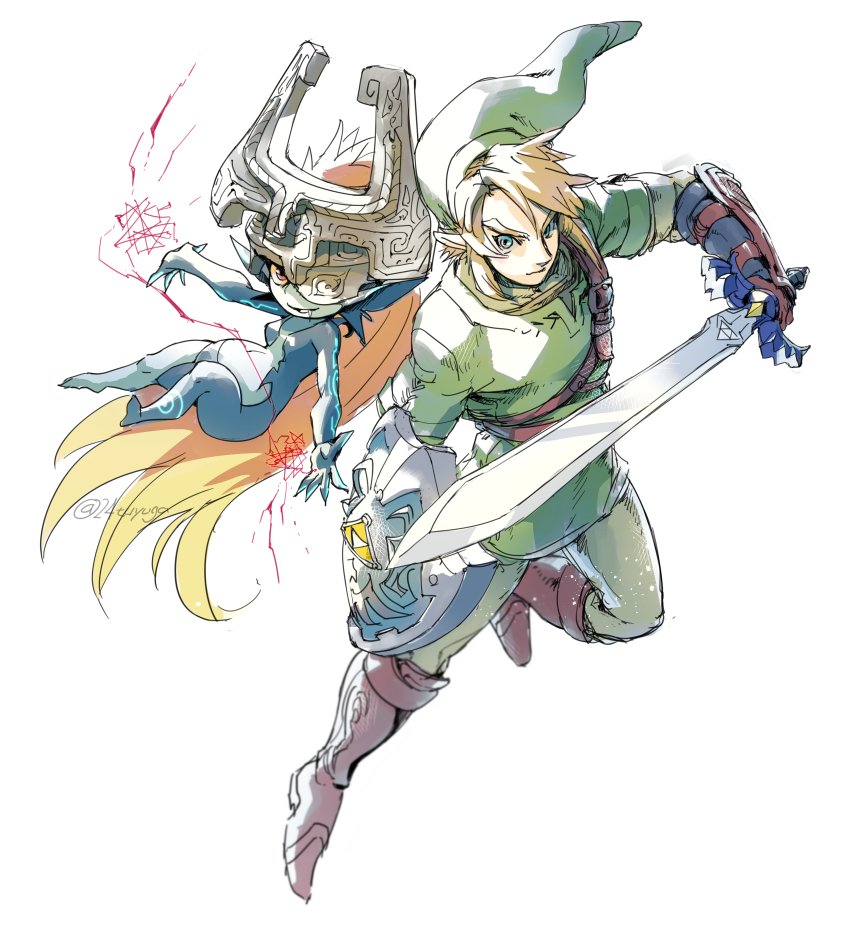 tsuyuga, link, midna, nintendo, the legend of zelda, the legend of zelda: twilight princess, 1boy, 1girl, blonde hair, blue eyes, boots, brown boots, colored sclera, colored skin, fang, fighting stance, floating, green hat, green tunic, hat, helmet over one eye, holding, holding shield, holding sword, holding weapon, long hair, master sword, multicolored skin, orange hair, parted lips, phrygian cap, pointy ears, ponytail, red eyes, shield, short hair, shortstack, sidelocks, sketch, smile, sword, triforce, tunic, twitter username, two-tone skin, weapon, white background, yellow sclera