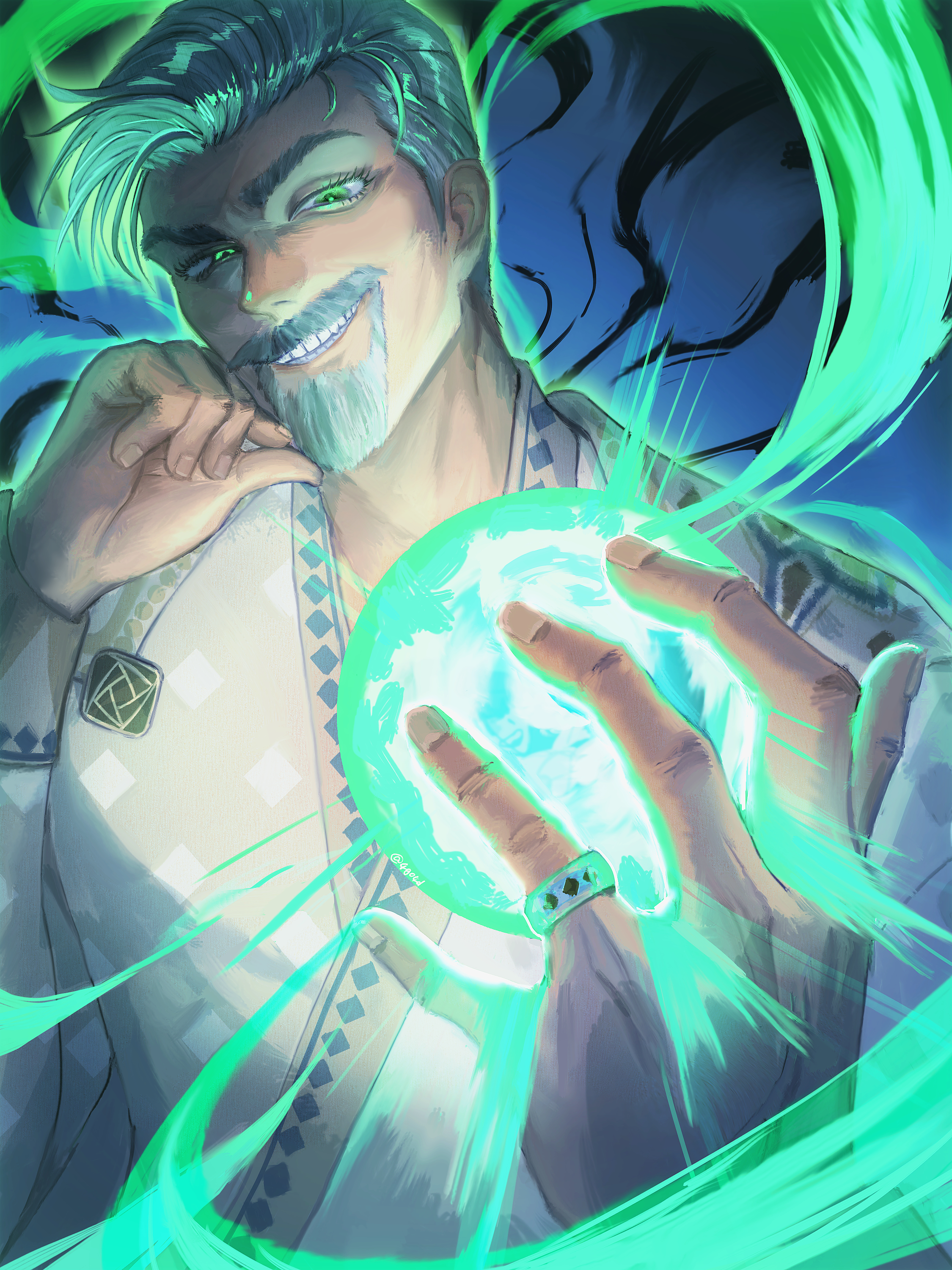 king magnifico, wish (disney), absurdres, highres, 1boy, beard, facial hair, green eyes, grey hair, hand up, holding orb, jewelry, long sleeves, magic, male focus, mature male, mustache, ring, short hair, thick eyebrows, upper body