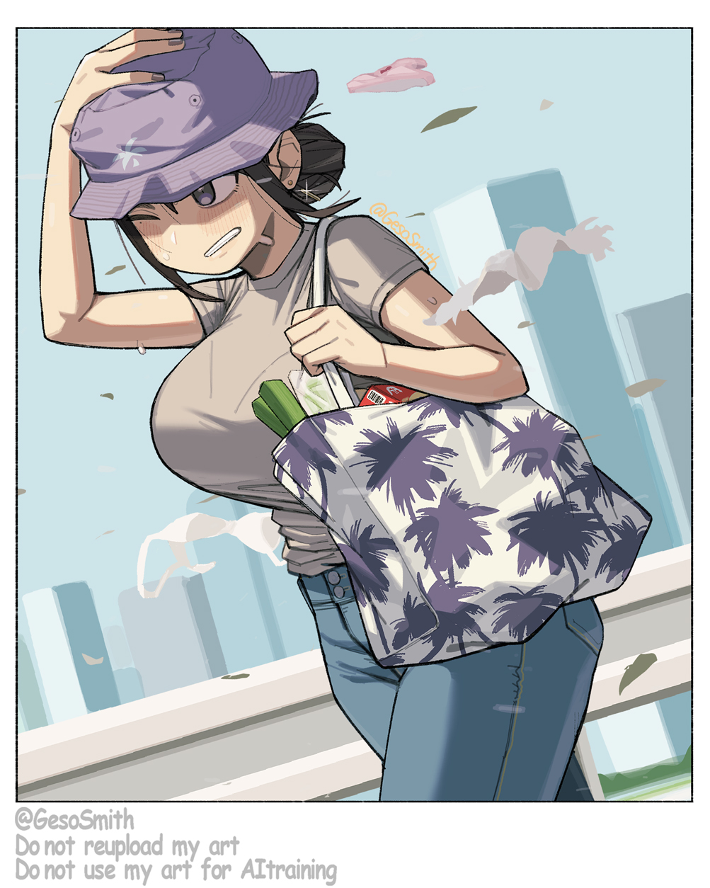 geso smith, original, commentary request, highres, 1girl, black hair, blush, clenched teeth, denim, earrings, hair bun, hat, jeans, jewelry, mole, mole under eye, one eye closed, outdoors, pants, purple eyes, solo, teeth, wind