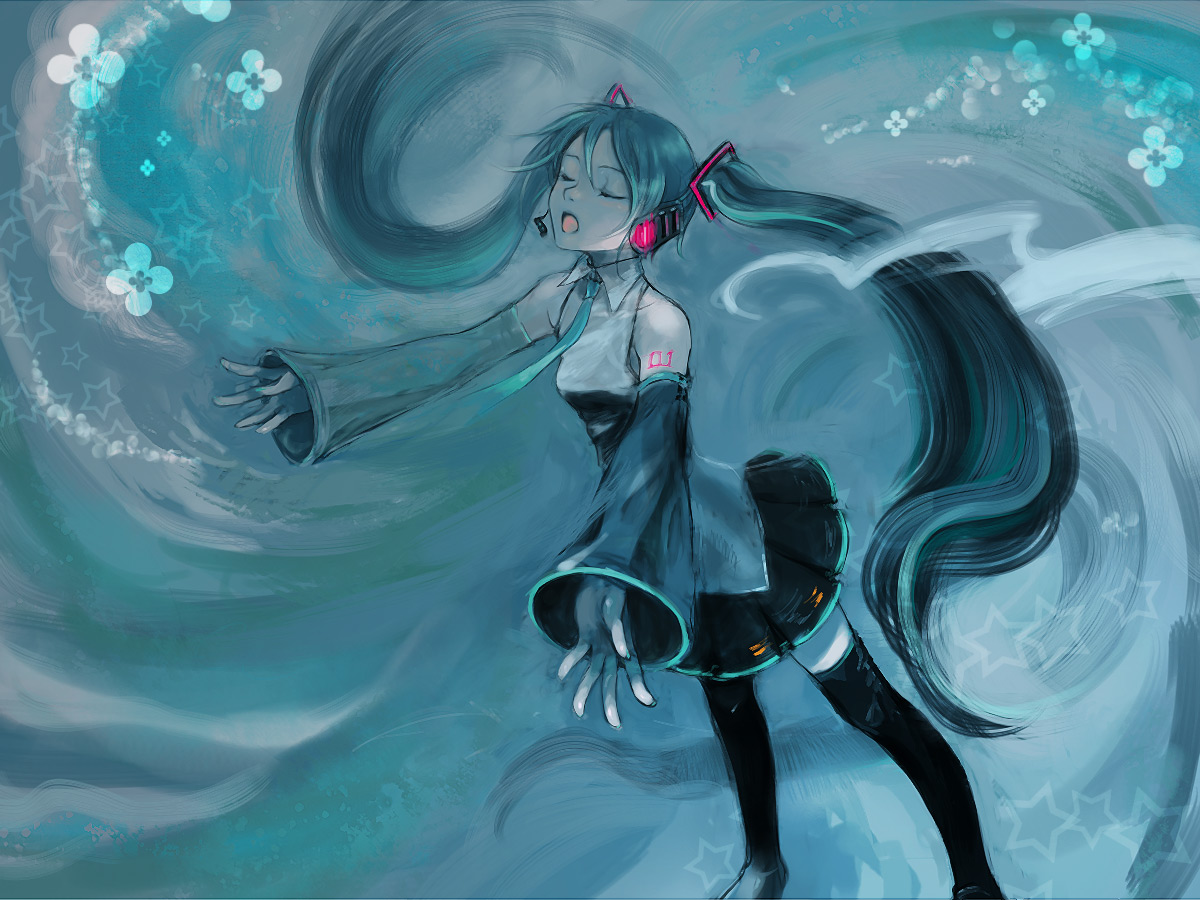 kno, kno (anahita), hatsune miku, vocaloid, bad id, bad pixiv id, closed eyes, green hair, long hair, music, necktie, singing, skirt, solo, thighhighs, twintails, very long hair