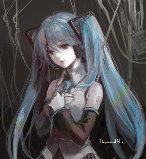 gyomin, hatsune miku, vocaloid, bad id, bad pixiv id, 1girl, brown eyes, cable, english text, female focus, green hair, long hair, necktie, sad, solo, twintails