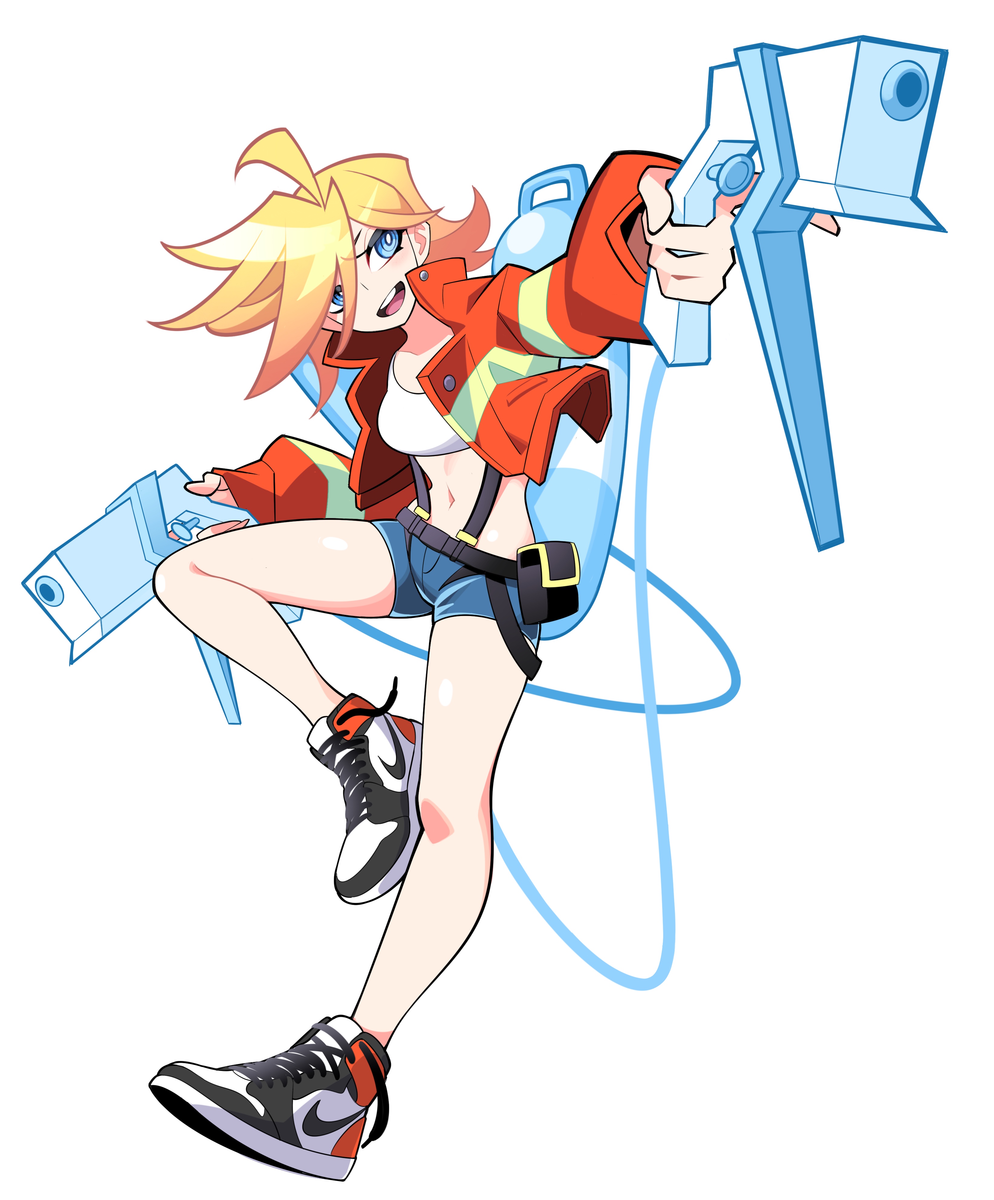 tlotro, galo thymos, panty (psg), panty & stocking with garterbelt, promare, absurdres, highres, 1girl, ahoge, blonde hair, blue eyes, breasts, company connection, cosplay, dual wielding, full body, galo thymos (cosplay), gun, holding, holding gun, holding weapon, jacket, medium breasts, medium hair, midriff, navel, open mouth, shoes, short shorts, shorts, simple background, smile, sneakers, solo, tank top, teeth, upper teeth only, weapon, white background