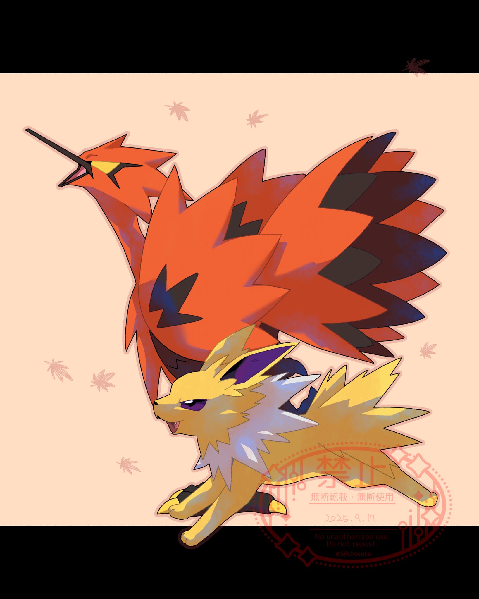 chocota (spchocota), galarian zapdos, jolteon, nintendo, pokemon, highres, animal focus, beak, bird, colored sclera, fangs, full body, galarian form, gen 1 pokemon, gen 8 pokemon, legendary pokemon, neck fur, no humans, open mouth, orange feathers, pokemon (creature), pokemon focus, purple eyes, smile, tail, talons, wings, yellow eyes, yellow fur, yellow sclera