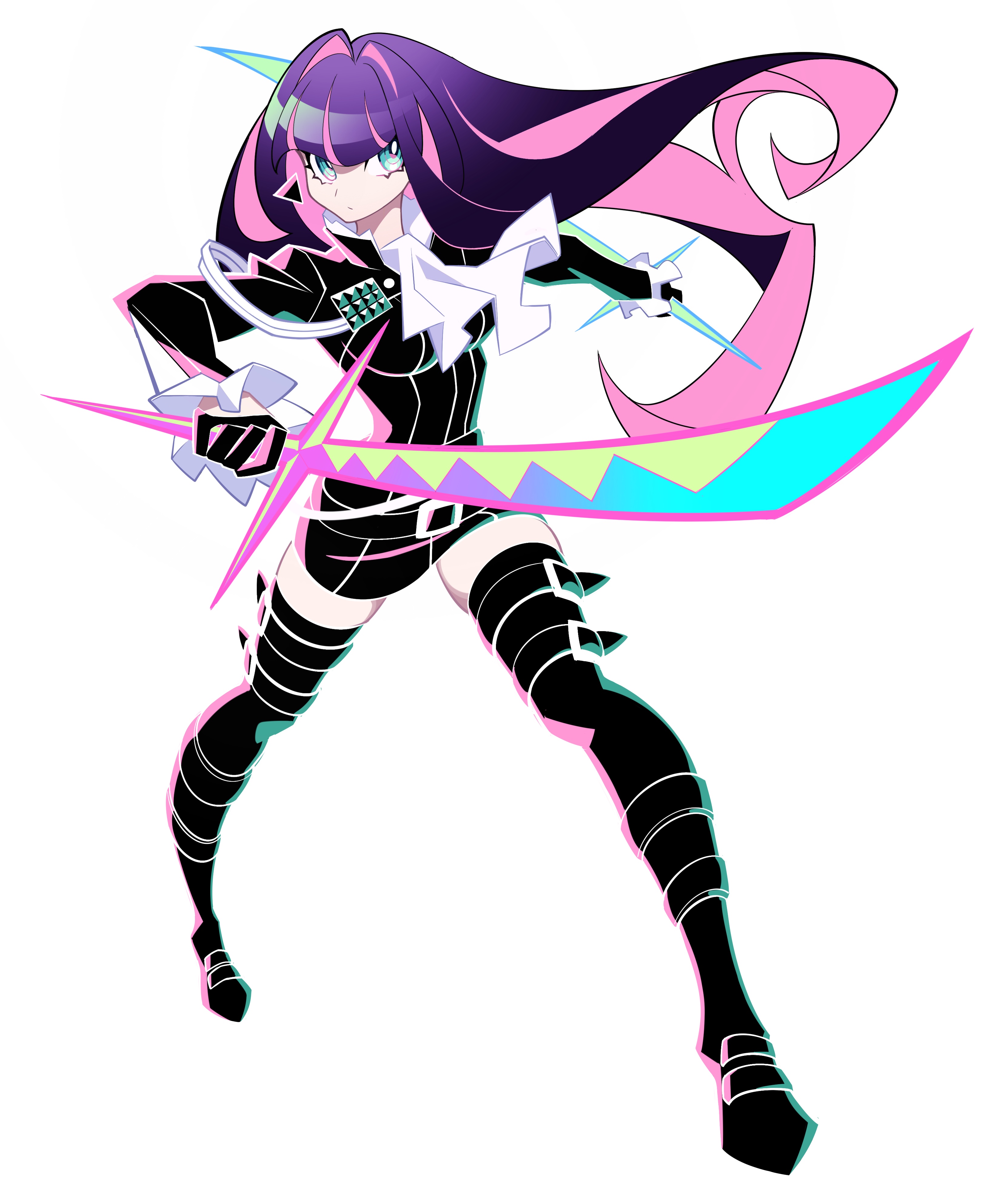 tlotro, lio fotia, stocking (psg), panty & stocking with garterbelt, promare, absurdres, highres, 1girl, aqua eyes, company connection, cosplay, dual wielding, full body, holding, holding sword, holding weapon, lio fotia (cosplay), long hair, purple hair, simple background, skirt, solo, sword, thighhighs, very long hair, weapon, white background