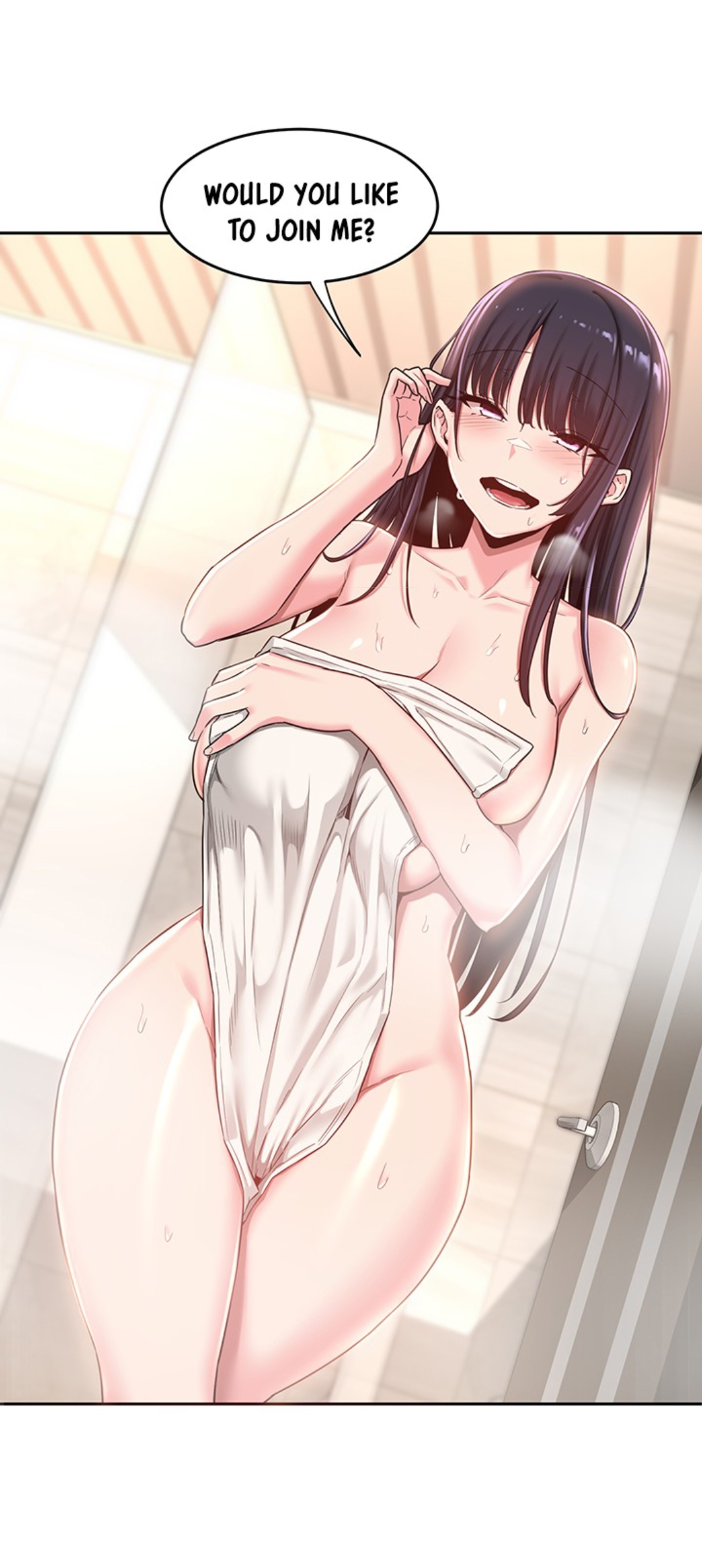 bangkkii, lee eun-jung, pornhwa, sextudy group, webtoon, absurdres, colorized, cropped, highres, official art, translated, 1girl, bare shoulders, bathroom, black eyes, black hair, blush, breasts, cleavage, collarbone, dot nose, english text, female focus, huge breasts, indoors, inviting viewer, large breasts, legs, long hair, looking at viewer, midriff, nude, open mouth, presenting, sexually suggestive, solo, solo focus, speech bubble, teeth, thighs, tongue, towel over breasts, wet, wet towel