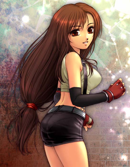 tifa lockhart, final fantasy, final fantasy vii, 1990s (style), 1girl, bare shoulders, brown hair, female focus, fingerless gloves, gloves, long hair, low-tied long hair, miniskirt, pencil skirt, ponytail, retro artstyle, skirt, solo, suspender skirt, suspenders