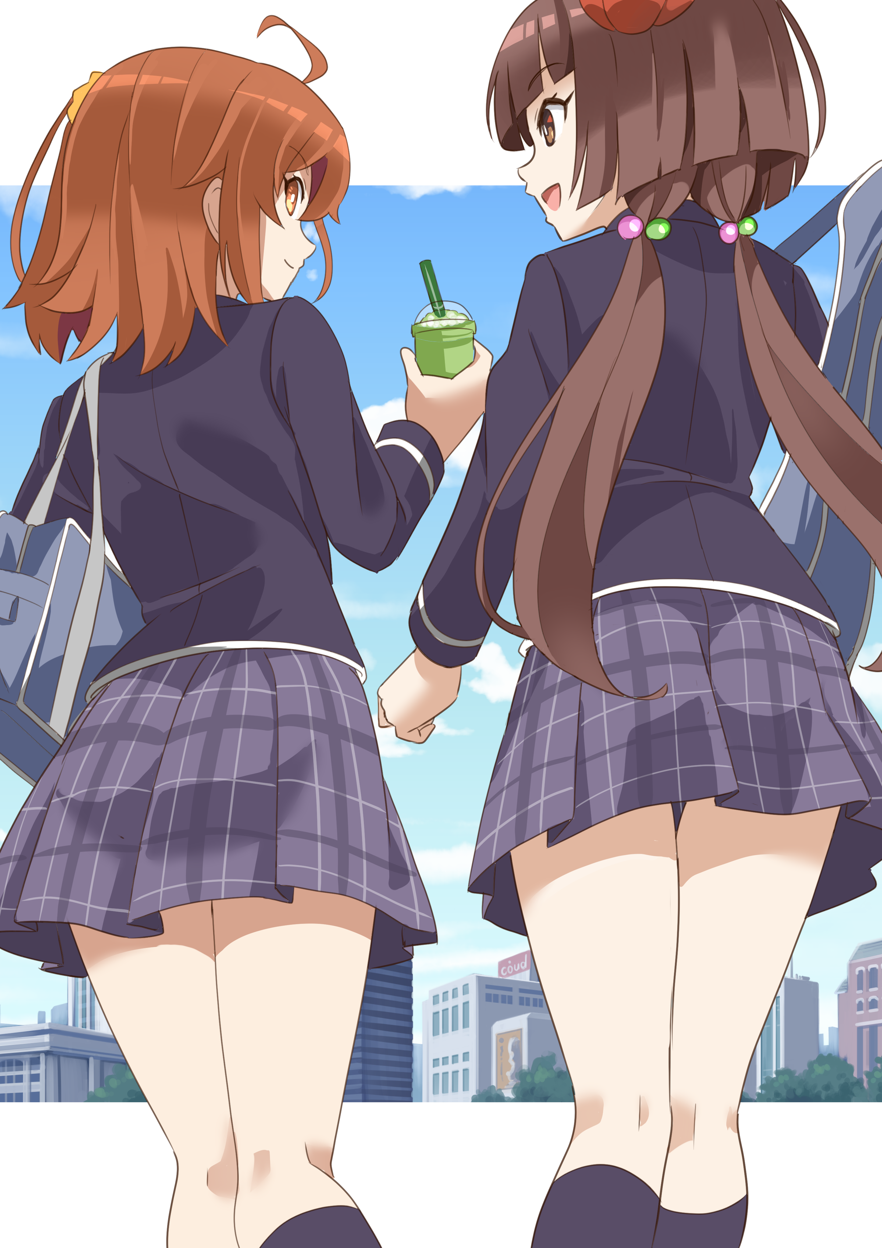 shimouki izui, fujimaru ritsuka (female), komahime (fate), fate/grand order, fate (series), absurdres, highres, 2girls, ahoge, bag, black socks, bright pupils, brown eyes, brown hair, closed mouth, cup, disposable cup, from behind, grey jacket, grey skirt, hair bobbles, hair ornament, holding, holding cup, jacket, kneehighs, letterboxed, long hair, long sleeves, medium hair, multiple girls, open mouth, orange eyes, orange hair, outdoors, outside border, plaid clothes, plaid skirt, pleated skirt, school bag, school uniform, sideways mouth, skirt, smile, socks, twintails, white pupils