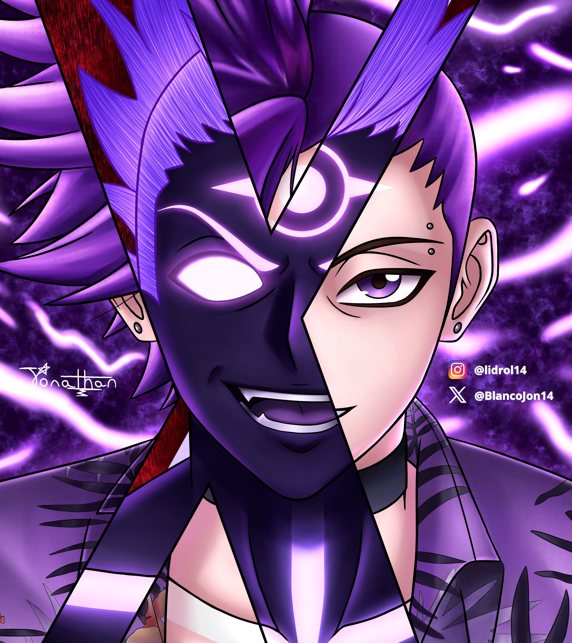 dragon boy (to be hero x), to be hero, to be hero x, highres, black choker, black eyeliner, blancojon14, choker, ear piercing, eyebrow piercing, eyeliner, face piercing, full-body tattoo, glowing, glowing eye, hawaiian shirt, makeup, mohawk, piercing, purple eyes, purple hair, revealing layer, sharp teeth, shirt, tattoo, teeth, transformation