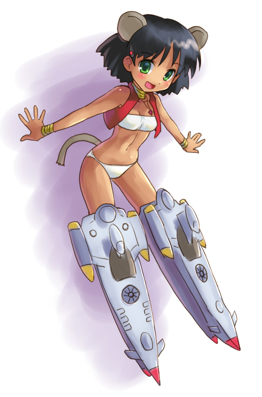 katahira masashi, nadia la arwall, nautilus, fushigi no umi no nadia, strike witches, world witches series, 1girl, animal ears, bandeau, bandeau bikini, bikini, black hair, bracelet, female focus, full body, green eyes, jewelry, mecha musume, mouse ears, neck ring, parody, short hair, solo, strapless, striker unit, submarine, swimsuit, tail, tube top, vest, watercraft