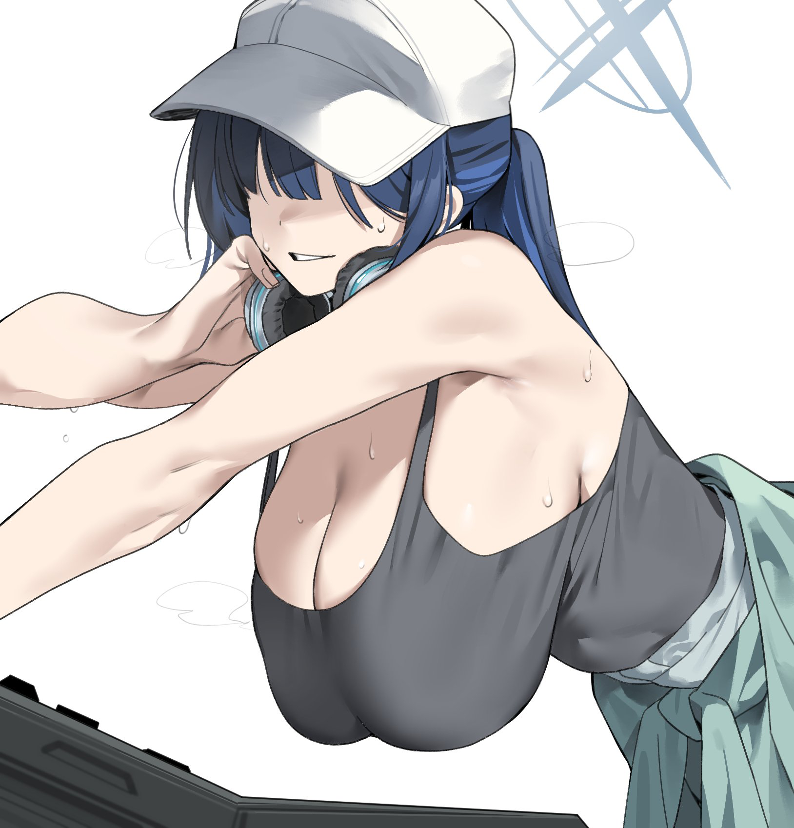 urec, saori (blue archive), saori (swimsuit) (blue archive), blue archive, commentary request, highres, korean commentary, 1girl, bare shoulders, black tank top, blue hair, blue halo, breasts, cleavage, colored inner hair, cross halo, dj, hair over eyes, halo, hanging breasts, hat, headphones, headphones around neck, huge breasts, leaning forward, long hair, mixing console, multicolored hair, official alternate costume, parted lips, ponytail, sideboob, solo, sweat, tank top, tied sweater, white background, white hat