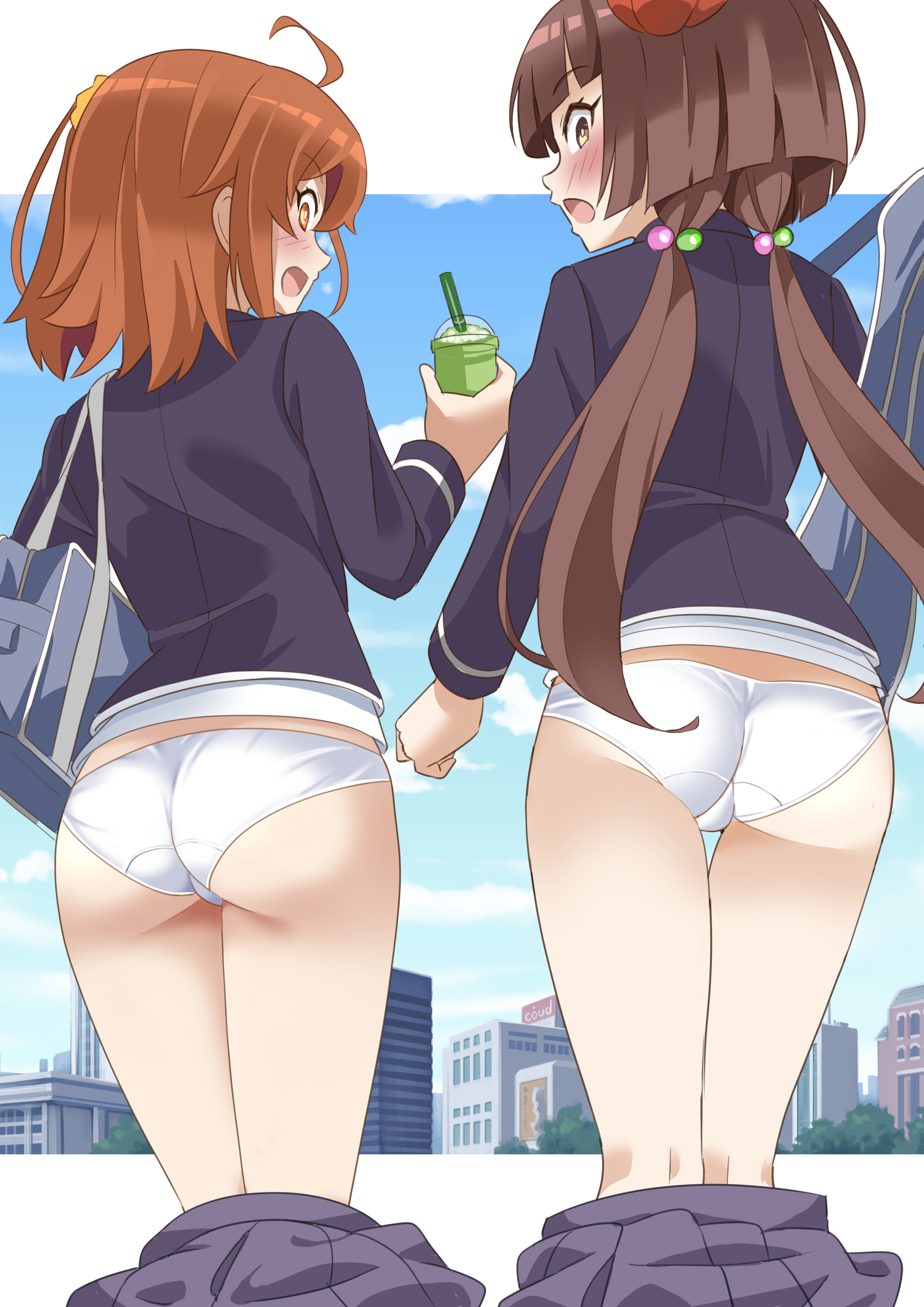 shimouki izui, fujimaru ritsuka (female), komahime (fate), fate/grand order, fate (series), absurdres, highres, 2girls, ahoge, ass, bag, black socks, blush, bright pupils, brown eyes, brown hair, crotch seam, cup, disposable cup, embarrassed, from behind, grey jacket, grey skirt, hair bobbles, hair ornament, holding, holding cup, jacket, kneehighs, letterboxed, long hair, long sleeves, medium hair, multiple girls, open mouth, orange eyes, orange hair, outdoors, outside border, panties, pleated skirt, school bag, school uniform, sideways mouth, skirt, smile, socks, twintails, underwear, unworn skirt, white panties, white pupils, wide-eyed