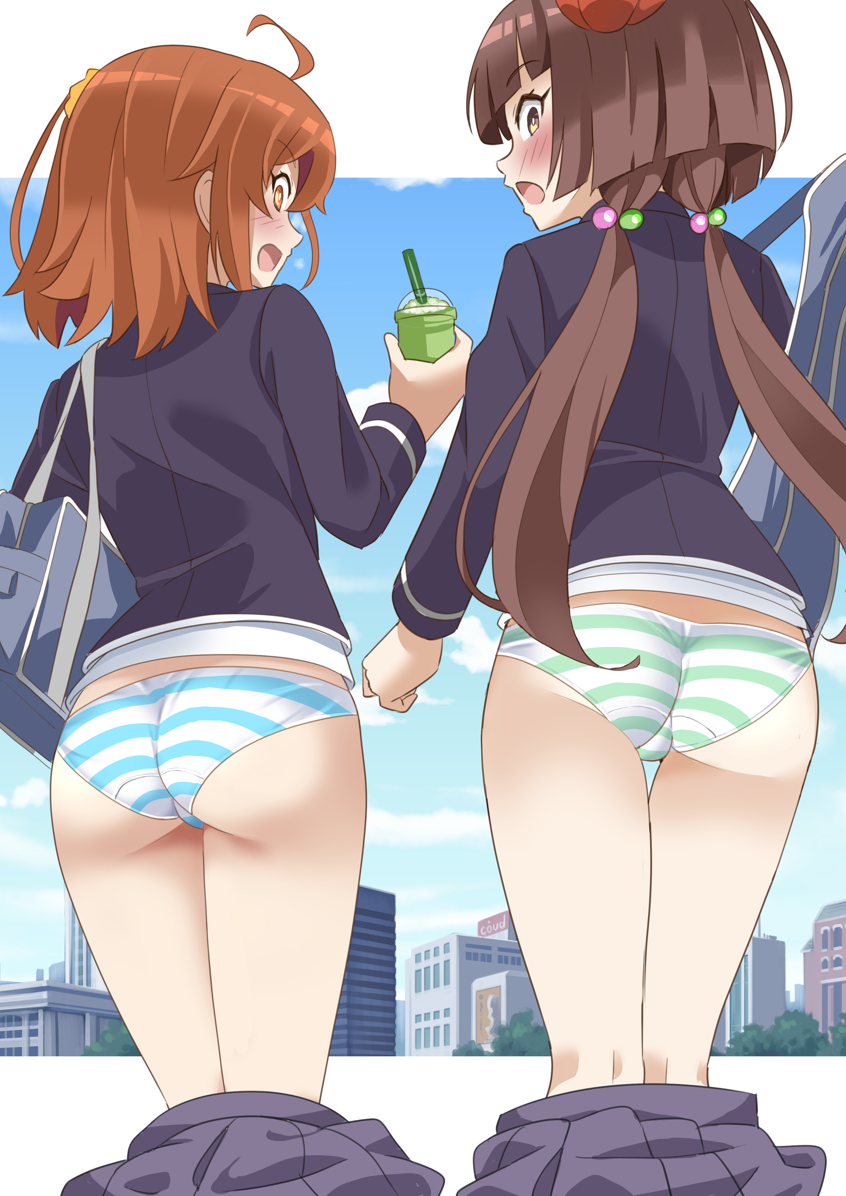 shimouki izui, fujimaru ritsuka (female), komahime (fate), fate/grand order, fate (series), absurdres, highres, 2girls, ahoge, ass, bag, black socks, blush, bright pupils, brown eyes, brown hair, crotch seam, cup, disposable cup, embarrassed, from behind, grey jacket, grey skirt, hair bobbles, hair ornament, holding, holding cup, jacket, kneehighs, letterboxed, long hair, long sleeves, medium hair, multiple girls, open mouth, orange eyes, orange hair, outdoors, outside border, panties, pleated skirt, school bag, school uniform, sideways mouth, skirt, smile, socks, striped clothes, striped panties, twintails, underwear, unworn skirt, white pupils, wide-eyed