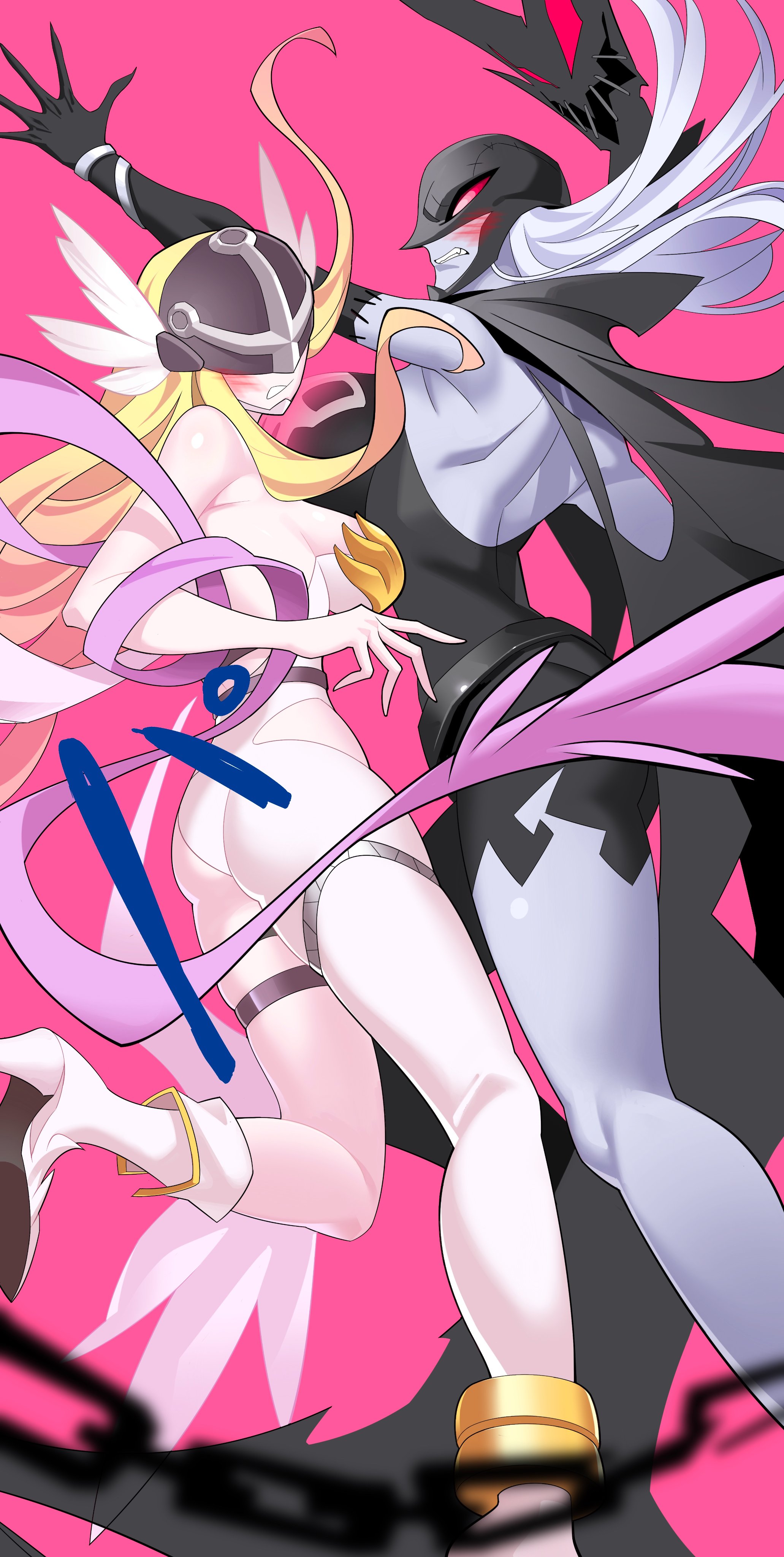 tlotro, angewomon, ladydevimon, digimon, digimon adventure, absurdres, highres, 2girls, angel, angel and devil, armpit peek, ass, back, blonde hair, blush, breasts, clenched teeth, covered eyes, demon girl, digimon (creature), embarrassed, helmet, helmet over eyes, high heels, large breasts, leg up, long hair, looking back, multiple girls, purple background, red eyes, shoes, simple background, teeth, very long hair, white hair, winged helmet