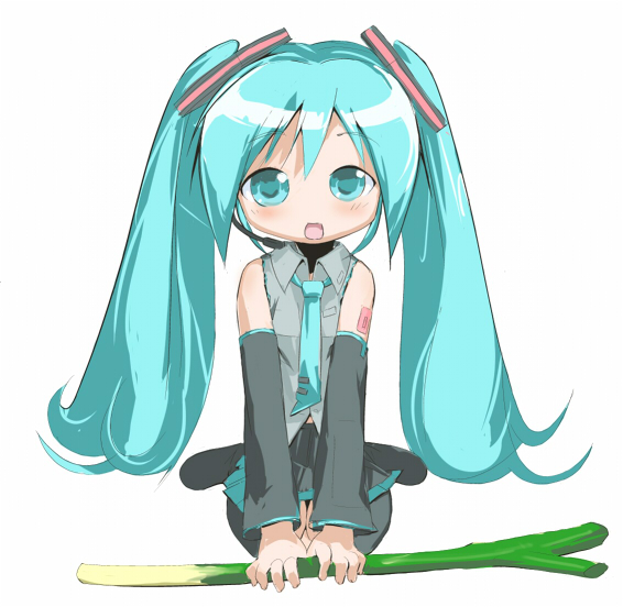 misagi nagu, hatsune miku, vocaloid, 1girl, aqua hair, female focus, solo, spring onion, thighhighs, twintails