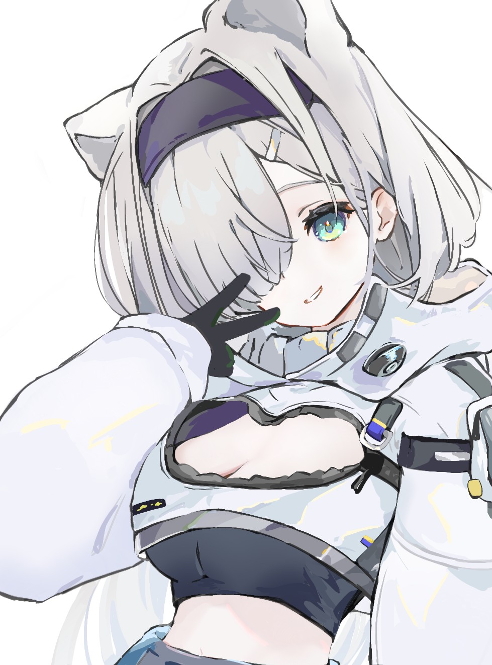 aurora (arknights), arknights, commentary request, highres, 1girl, animal ears, aqua eyes, bear ears, bear girl, black gloves, black hairband, black sports bra, breasts, cleavage, cleavage cutout, clothing cutout, cropped jacket, extra ears, gloves, grey hair, grin, hair over one eye, hairband, hand up, jacket, long sleeves, looking at viewer, medium breasts, medium hair, mi7 0601, midriff, puffy long sleeves, puffy sleeves, simple background, smile, solo, sports bra, upper body, v, white background, white jacket