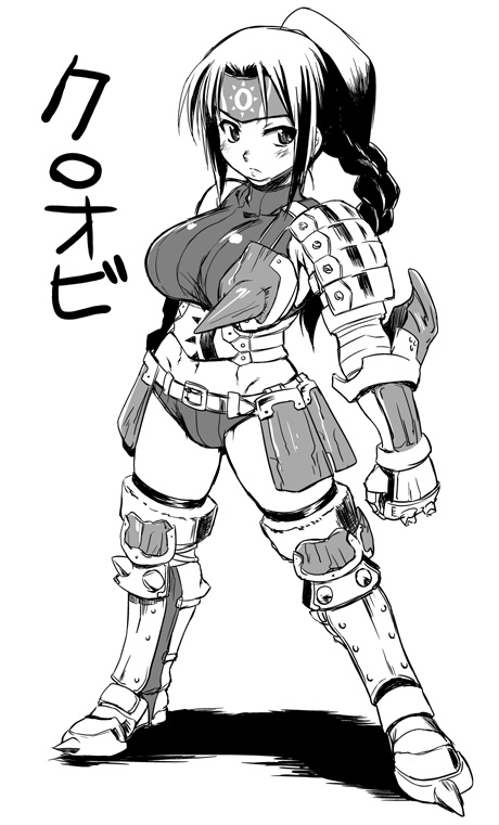 kumacchi, kuroobi (one piece), capcom, monster hunter (series), 1girl, angry, armor, asymmetrical clothes, belt, blush, boots, braid, breasts, clenched hand, crop top, elbow gloves, female focus, forehead protector, frown, gloves, greaves, greyscale, headband, kuroobi (armor), large breasts, long hair, micro shorts, midriff, monochrome, navel, parted bangs, ponytail, shadow, shirt, shorts, simple background, single braid, sleeveless, sleeveless turtleneck, solo, spikes, spread legs, standing, taut clothes, taut shirt, thigh boots, thighhighs, turtleneck, wide hips