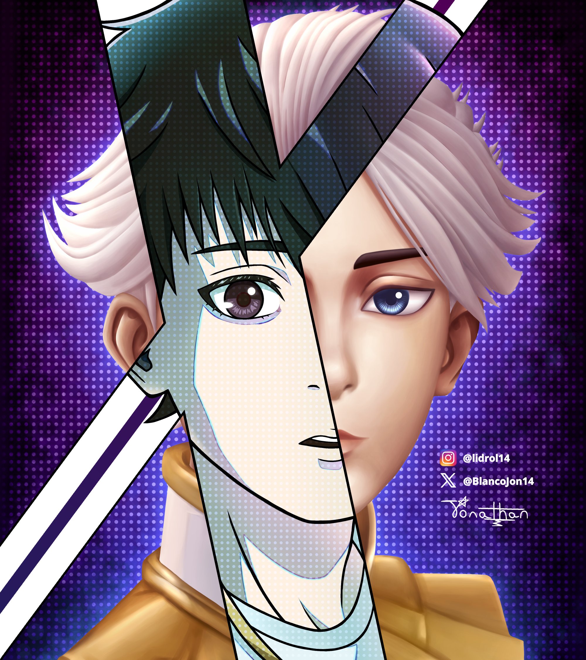 lin ling (to be hero x), nice (to be hero x), to be hero, to be hero x, highres, 1boy, blancojon14, blue eyes, brown eyes, brown hair, gold trim, male focus, revealing layer, shirt, solo, white hair, white shirt