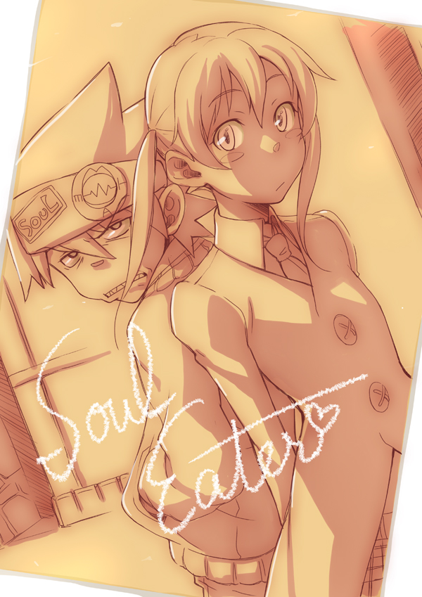 sakura kotetsu, maka albarn, soul evans, soul eater, 00s, 1boy, 1girl, :o, back-to-back, blush, buttons, coat, long sleeves, looking at viewer, monochrome, parted lips, wide-eyed, yellow theme