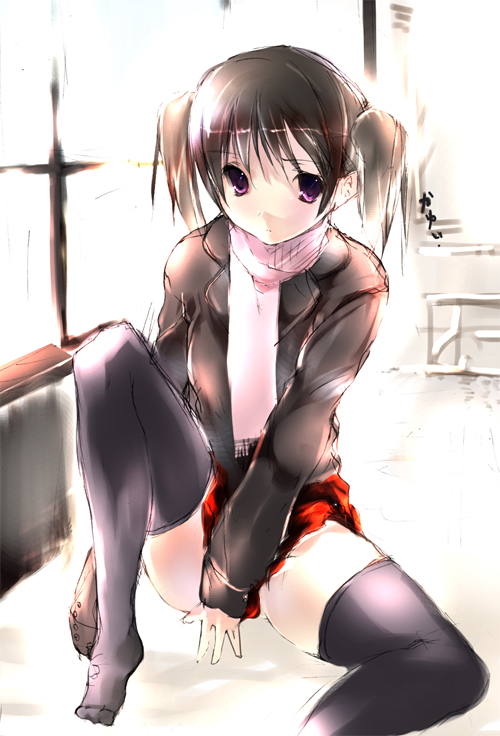 matsumate, original, 1girl, black thighhighs, female focus, long sleeves, looking at viewer, plaid clothes, plaid skirt, pleated skirt, red eyes, red skirt, scarf, skirt, solo, thighhighs, twintails, white scarf, zettai ryouiki