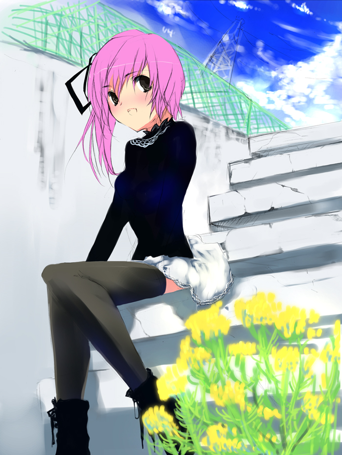 matsumate, original, 1girl, ankle boots, black thighhighs, blue sky, boots, cloud, day, female focus, long sleeves, looking at viewer, outdoors, pink hair, railing, red eyes, short hair, sky, solo, stairs, thighhighs, zettai ryouiki