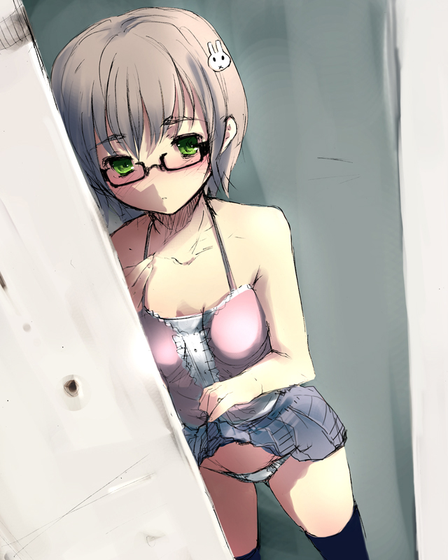 matsumate, original, blush, clothes lift, glasses, green eyes, panties, skirt, skirt lift, solo, thighhighs, underwear