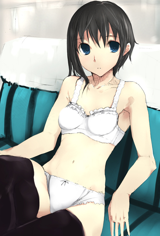 matsumate, original, 1girl, black hair, blue eyes, bra, female focus, lingerie, panties, short hair, sitting, solo, thighhighs, underwear, underwear only