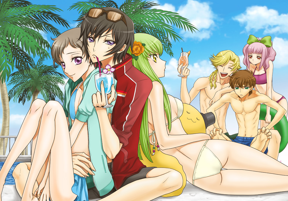 anya alstreim, c.c., cheese-kun, gino weinberg, kururugi suzaku, rolo lamperouge, roloko, code geass, pizza hut, 00s, 2girls, 4boys, :d, abs, ass, back, back-to-back, bikini, blue bikini, closed eyes, cloud, crossdressing, day, drink, drinking straw, eyewear on head, flower, frown, hair flower, hair ornament, hug, hug from behind, indian style, innertube, jacket, jacket over swimsuit, multiple boys, multiple girls, open mouth, outdoors, palm tree, pool, poolside, railing, reclining, red bikini, sitting, smile, sunglasses, sweatdrop, swim ring, swimsuit, toned, trap, tree, v arms, white bikini
